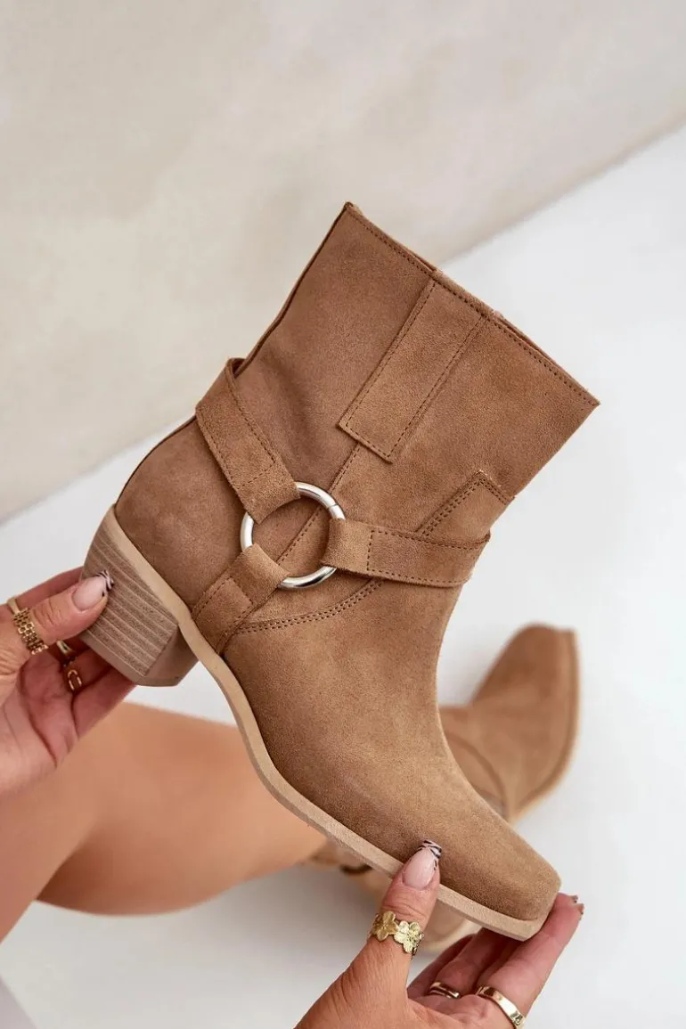 Botki Z Naturalnego Zamszu Na Obcasie Zazoo 3444/2 Beżowe