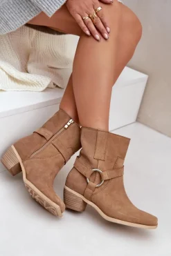 Botki Z Naturalnego Zamszu Na Obcasie Zazoo 3444/2 Beżowe