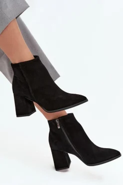 Botki Z Naturalnego Zamszu Obcas Słupek Ocieplane Czarne Zazoo 3128