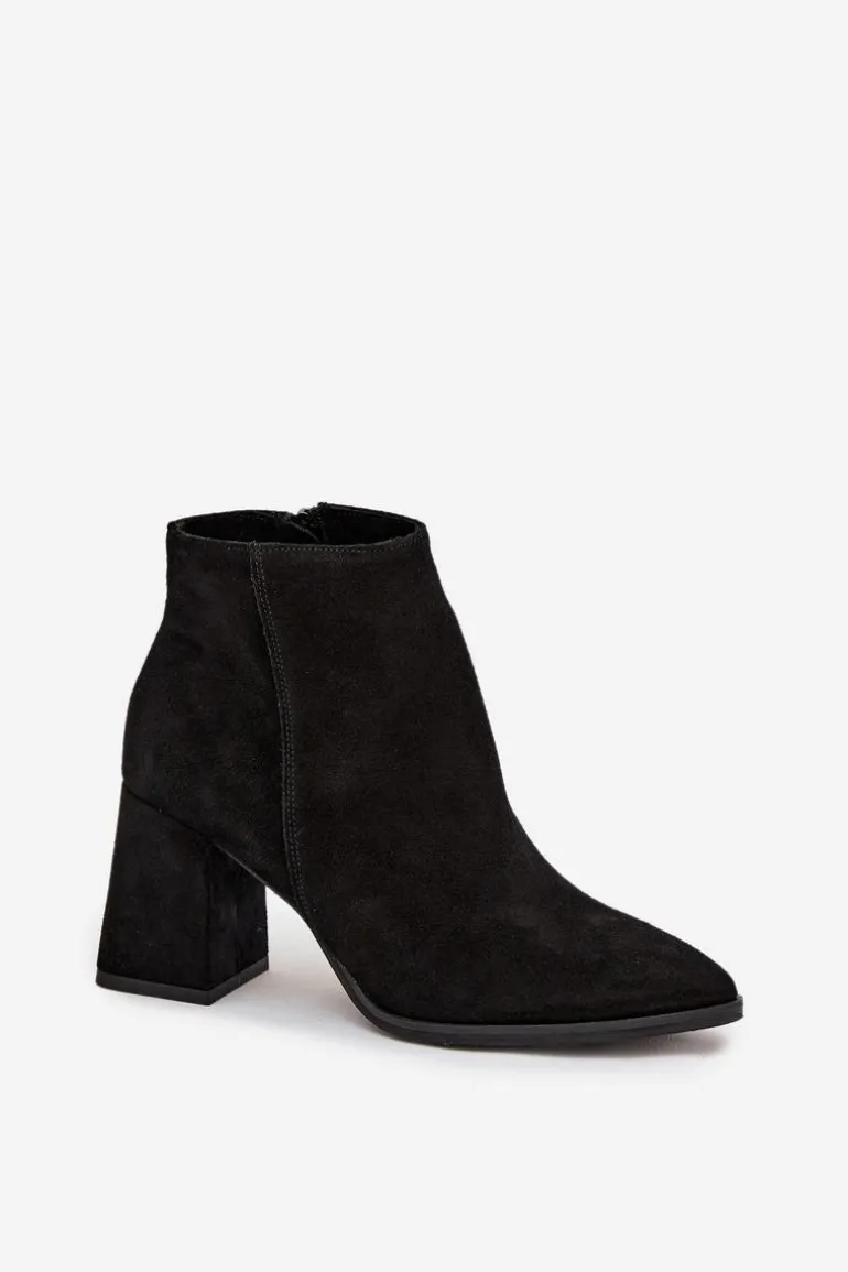 Botki Z Naturalnego Zamszu Obcas Słupek Ocieplane Czarne Zazoo 3128