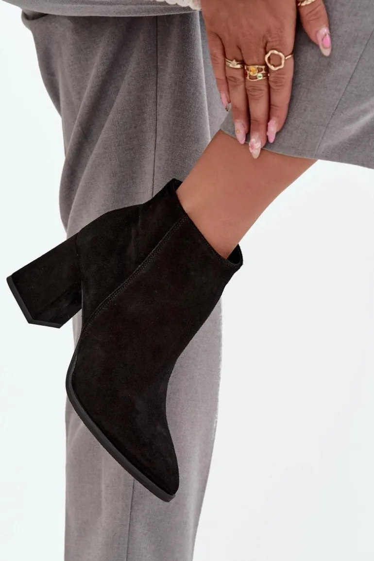 Botki Z Naturalnego Zamszu Obcas Słupek Ocieplane Czarne Zazoo 3128