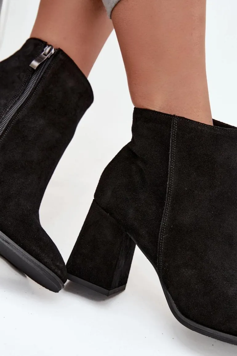 Botki Z Naturalnego Zamszu Obcas Słupek Ocieplane Czarne Zazoo 3128