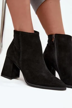 Botki Z Naturalnego Zamszu Obcas Słupek Ocieplane Czarne Zazoo 3128