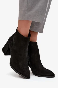 Botki Z Naturalnego Zamszu Obcas Słupek Ocieplane Czarne Zazoo 3128