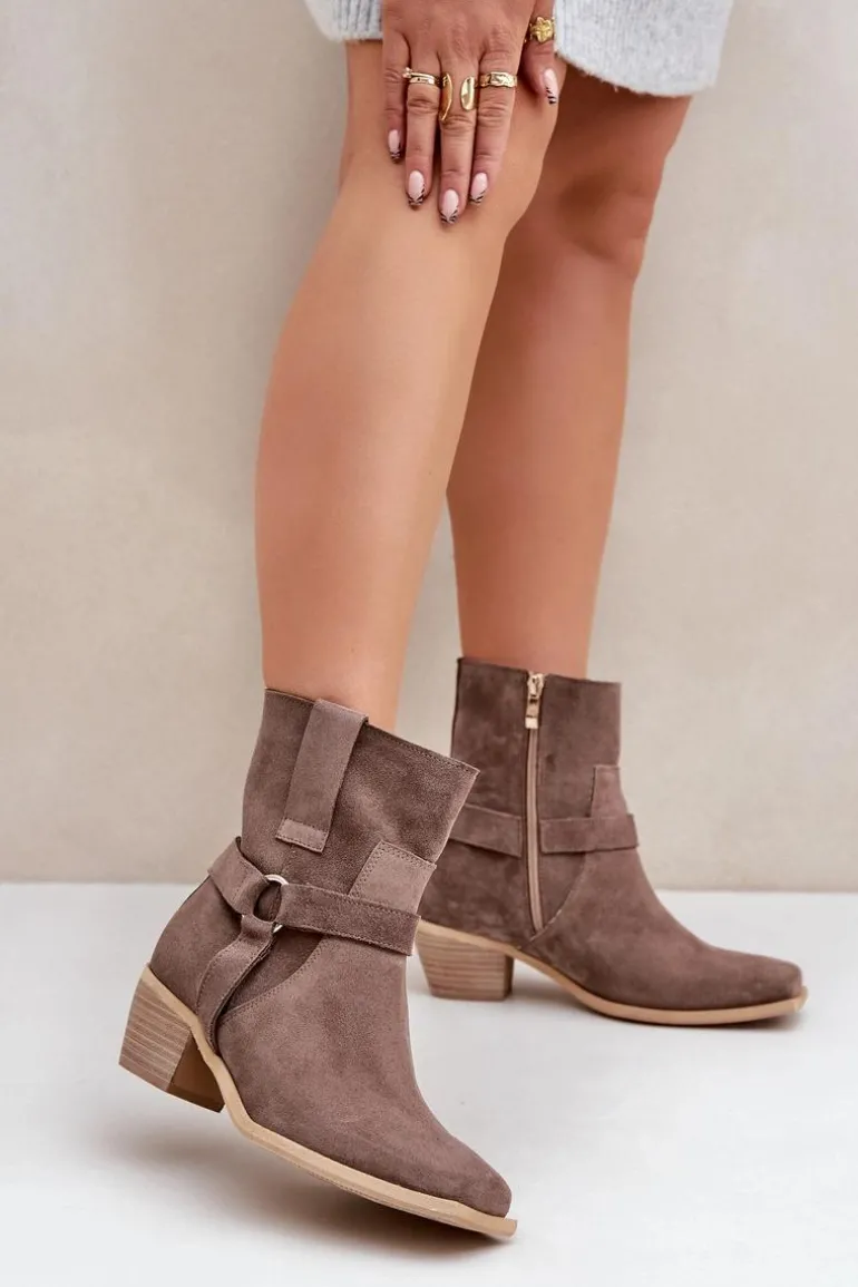 Botki Z Naturalnego Zamszu Na Obcasie Zazoo 3444/2 Brązowe