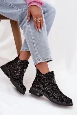 Botki Z Naturalnego Zamszu Na Niskim Obcasie D&A CR52-713 Czarno-Brązowe