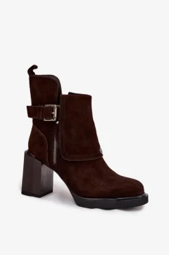 Botki Z Naturalnego Zamszu Na Słupku Z Klamrą Vinceza 91152 Czekoladowe