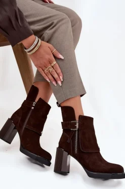 Botki Z Naturalnego Zamszu Na Słupku Z Klamrą Vinceza 91152 Czekoladowe