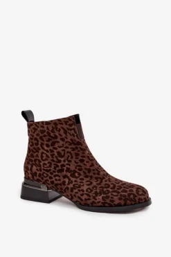 Botki Z Naturalnego Zamszu Na Klocku Panterka D&A JC52-852 Brązowe