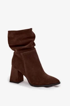 Botki Z Naturalnego Zamszu Ocieplane Na Słupku Z Marszczeniem Zazoo 4216 Czekoladowe