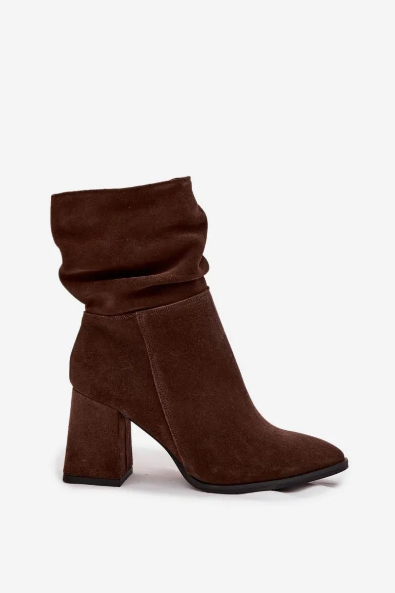 Botki Z Naturalnego Zamszu Ocieplane Na Słupku Z Marszczeniem Zazoo 4216 Czekoladowe