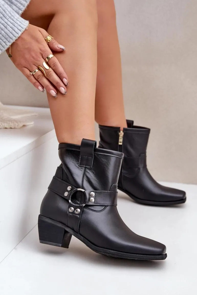 Botki Z Naturalnej Skóry Na Obcasie Zazoo 3444/2 Czarne