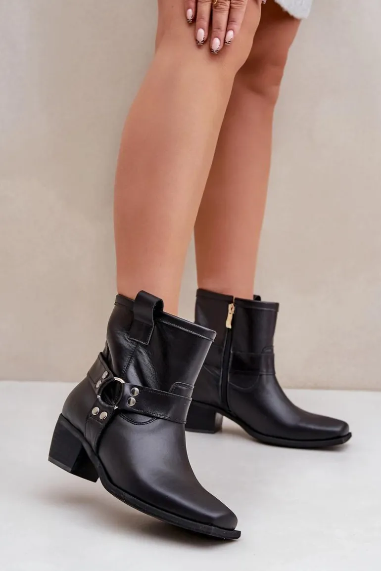 Botki Z Naturalnej Skóry Na Obcasie Zazoo 3444/2 Czarne