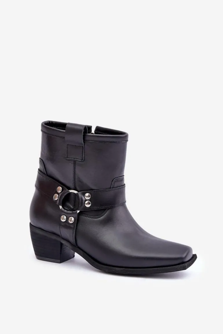 Botki Z Naturalnej Skóry Na Obcasie Zazoo 3444/2 Czarne