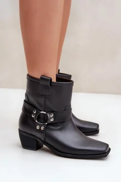 Botki Z Naturalnej Skóry Na Obcasie Zazoo 3444/2 Czarne