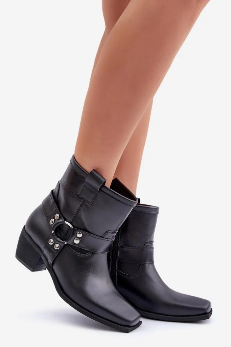 Botki Z Naturalnej Skóry Na Obcasie Zazoo 3444/2 Czarne