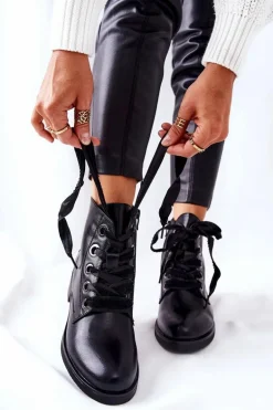 Botki Z Ozdobnym Wiązaniem Czarne Tayah