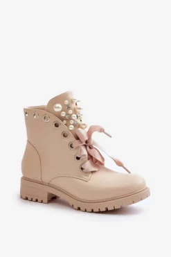 Botki Z Perełkami Dżetami I Wstążką Beżowe Nudago