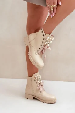 Botki Z Perełkami Dżetami I Wstążką Beżowe Nudago