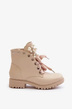 Botki Z Perełkami Dżetami I Wstążką Beżowe Nudago