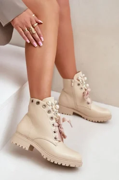 Botki Z Perełkami Dżetami I Wstążką Beżowe Nudago