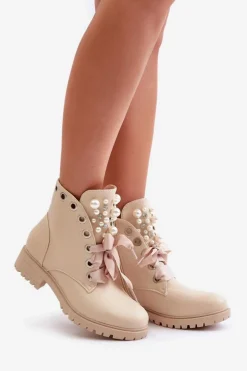 Botki Z Perełkami Dżetami I Wstążką Beżowe Nudago