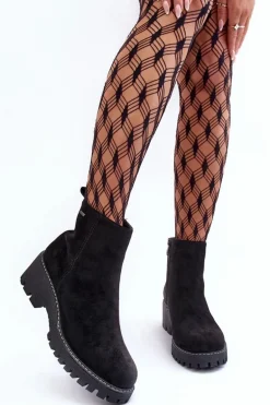 Botki Zamszowe Na Płaskim Obcasie Ocieplane Czarne Neafgi