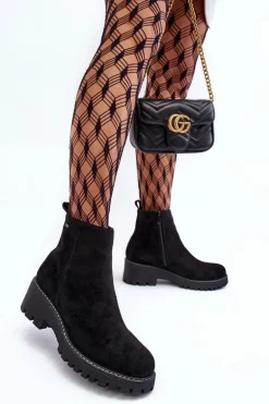 Botki Zamszowe Na Płaskim Obcasie Ocieplane Czarne Neafgi