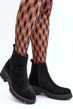 Botki Zamszowe Na Płaskim Obcasie Ocieplane Czarne Neafgi