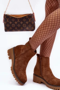 Botki Zamszowe Na Płaskim Obcasie Ocieplane Brązowe Neafgi