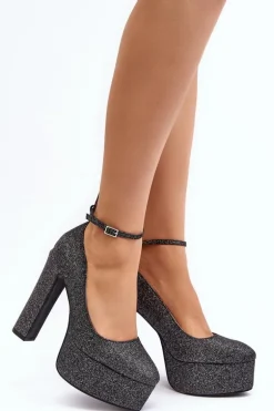 Brokatowe Czółenka Na Wysokim Słupku Czarne Mommoi