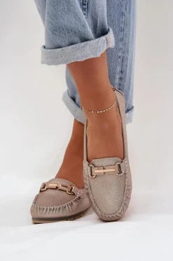 Brokatowe Płaskie Mokasyny Ze Skóry Naturalnej D&A LR51-546 Złote