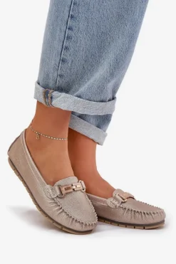 Brokatowe Płaskie Mokasyny Ze Skóry Naturalnej D&A LR51-546 Złote