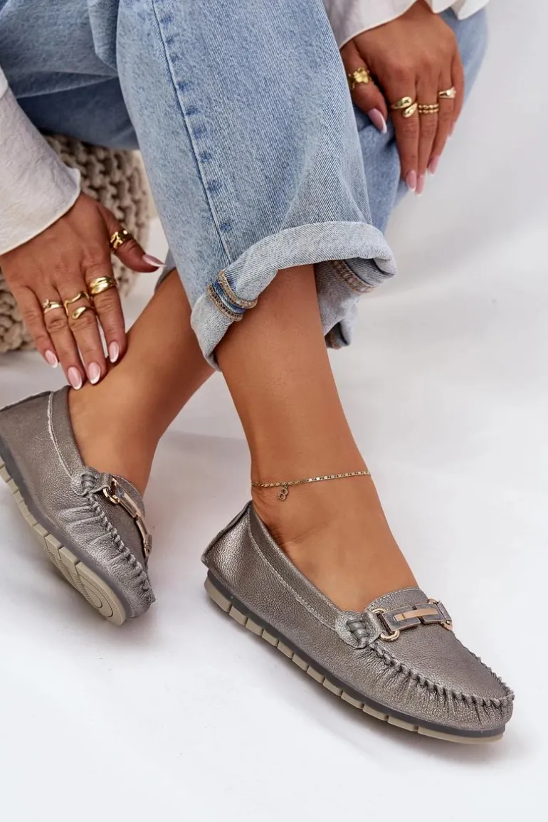 Brokatowe Płaskie Mokasyny Ze Skóry Naturalnej D&A LR51-546 Srebrne