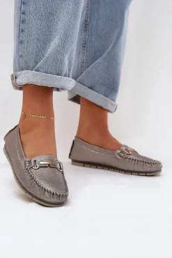 Brokatowe Płaskie Mokasyny Ze Skóry Naturalnej D&A LR51-546 Srebrne