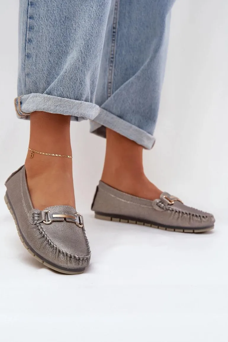 Brokatowe Płaskie Mokasyny Ze Skóry Naturalnej D&A LR51-546 Srebrne