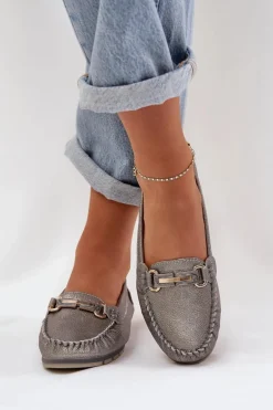 Brokatowe Płaskie Mokasyny Ze Skóry Naturalnej D&A LR51-546 Srebrne