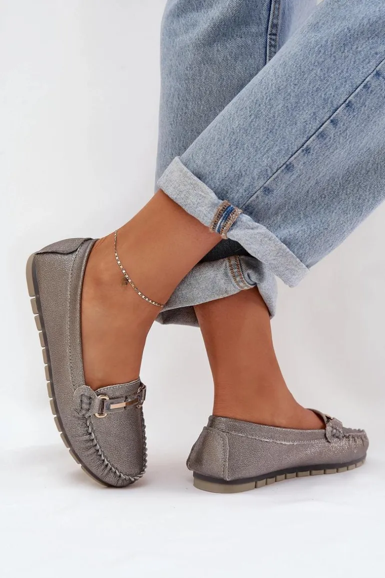 Brokatowe Płaskie Mokasyny Ze Skóry Naturalnej D&A LR51-546 Srebrne