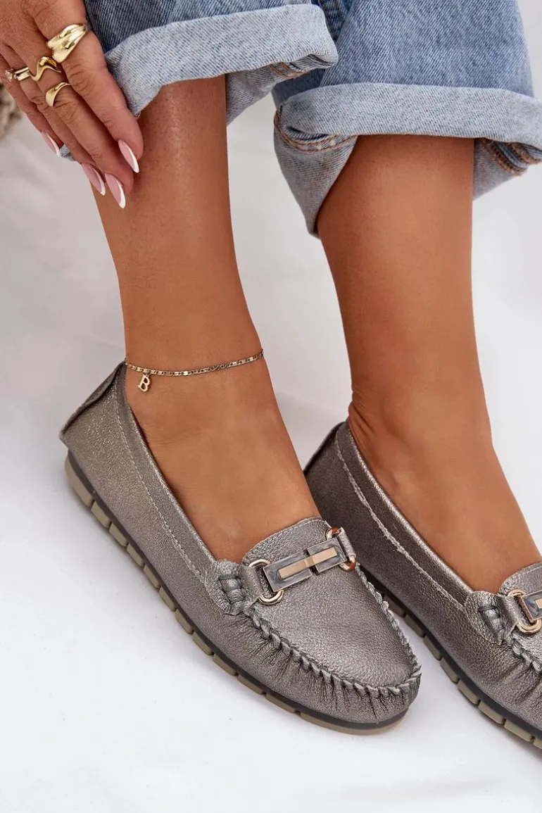 Brokatowe Płaskie Mokasyny Ze Skóry Naturalnej D&A LR51-546 Srebrne