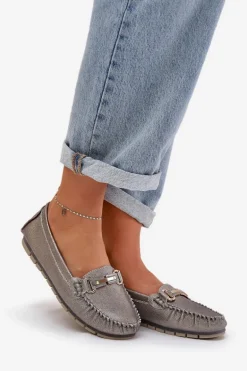 Brokatowe Płaskie Mokasyny Ze Skóry Naturalnej D&A LR51-546 Srebrne