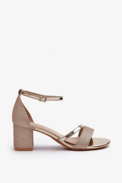 Brokatowe Sandały Damskie Na Niskim Słupku Złote Ploemis