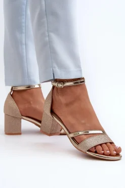 Brokatowe Sandały Damskie Na Niskim Słupku Złote Ploemis