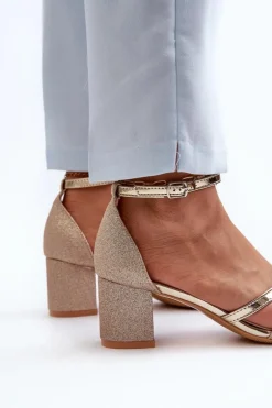 Brokatowe Sandały Damskie Na Niskim Słupku Złote Ploemis