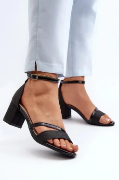 Brokatowe Sandały Damskie Na Niskim Słupku Czarne Ploemis