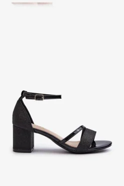 Brokatowe Sandały Damskie Na Niskim Słupku Czarne Ploemis