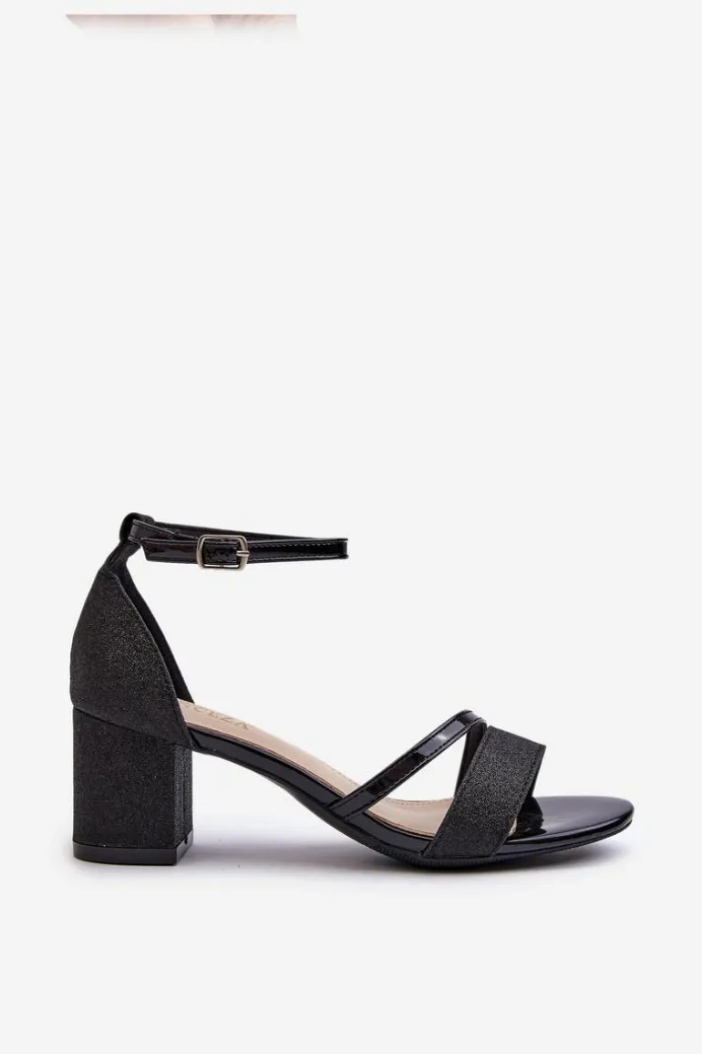 Brokatowe Sandały Damskie Na Niskim Słupku Czarne Ploemis