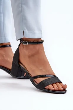 Brokatowe Sandały Damskie Na Niskim Słupku Czarne Ploemis