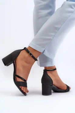 Brokatowe Sandały Damskie Na Niskim Słupku Czarne Ploemis