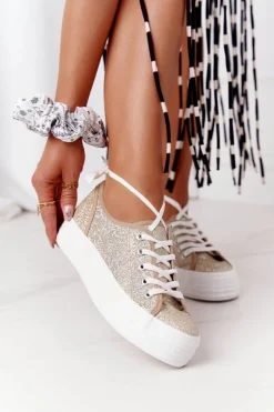 Brokatowe Tenisówki Na Platformie Złote Luna