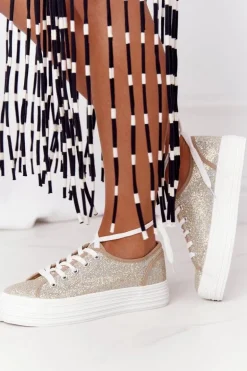 Brokatowe Tenisówki Na Platformie Złote Luna